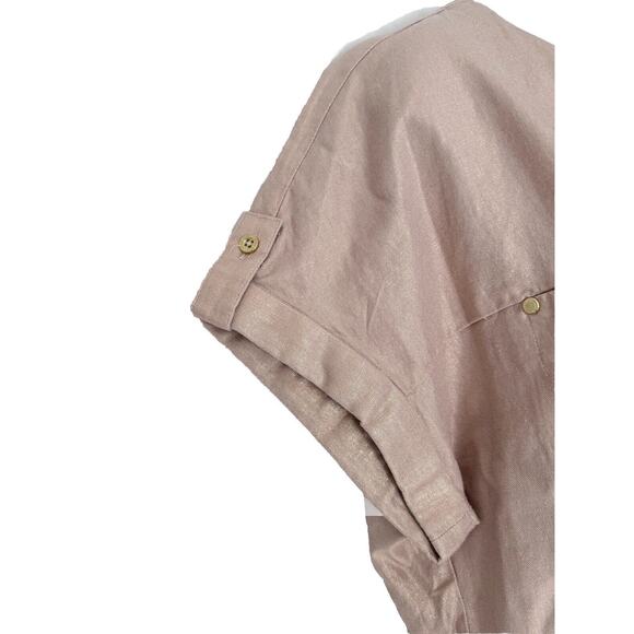 Ellen Tracy Blouse Size L Rosy Peach Shimmery Linen Blend Cuffed Sleeve Gold Zip - Picture 3 of 10